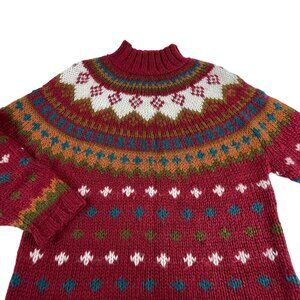 Vintage Ivy Hand Knit Festive Christmas Sweater L Acrylic Red Fair Isle Winter